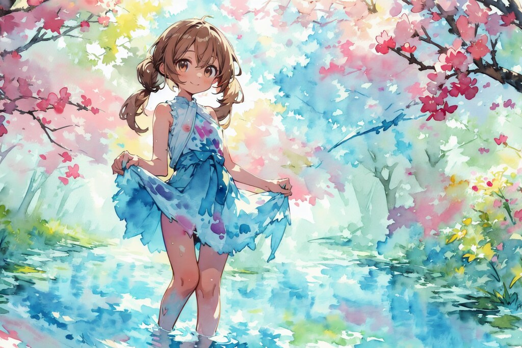 田舎の森で湖で涼む少女