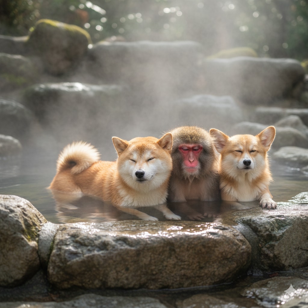 ♨日本の､猿・柴犬・コーギー犬、と温泉♨ | の人気AIイラスト・グラビア