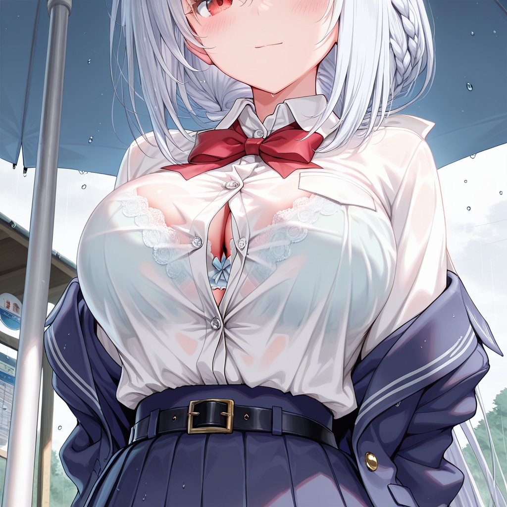 濡れたJKとバス停