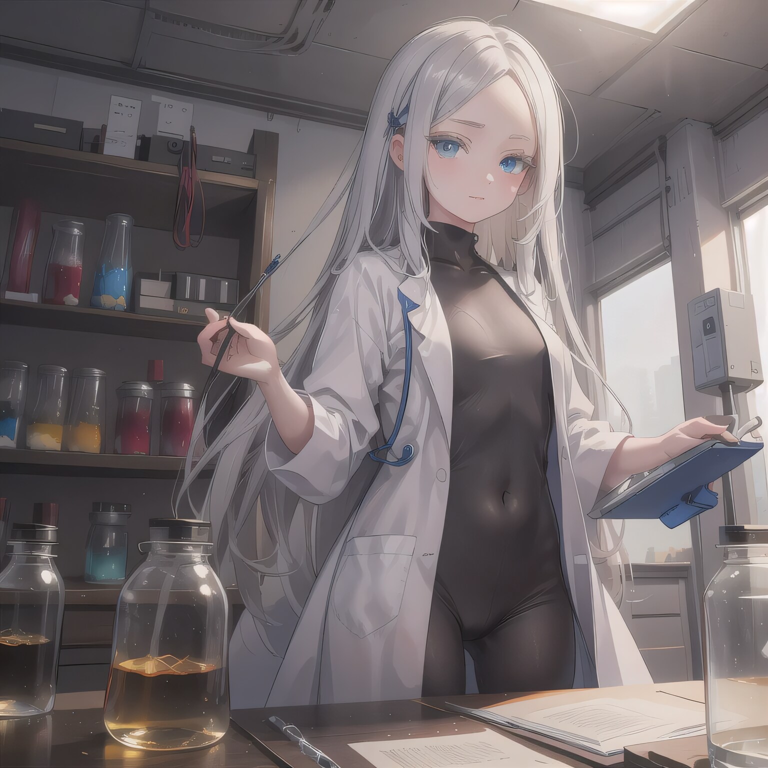 白髪ロングで白衣の少女３ | の人気AIイラスト・グラビア