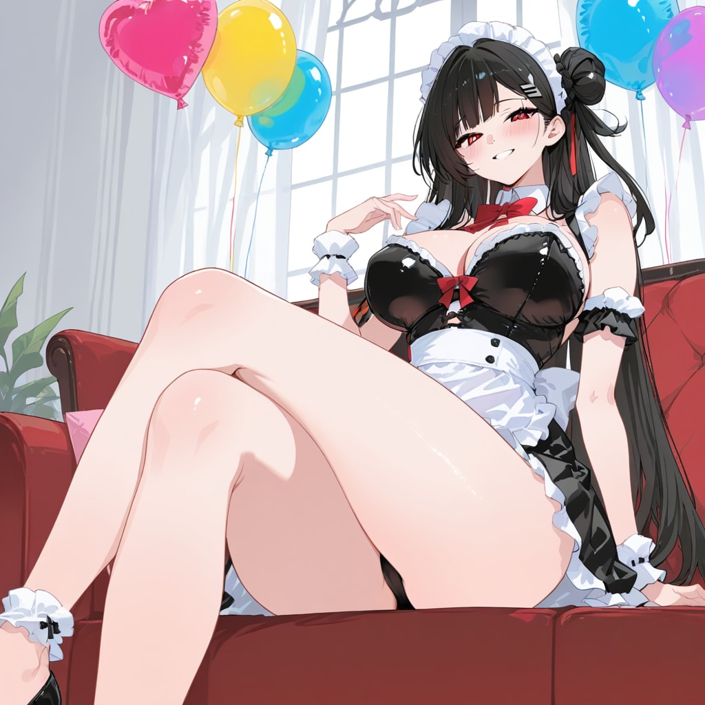 いっぱい色とりどりの風船を持つ黒髪ロングのメイド服着た美女