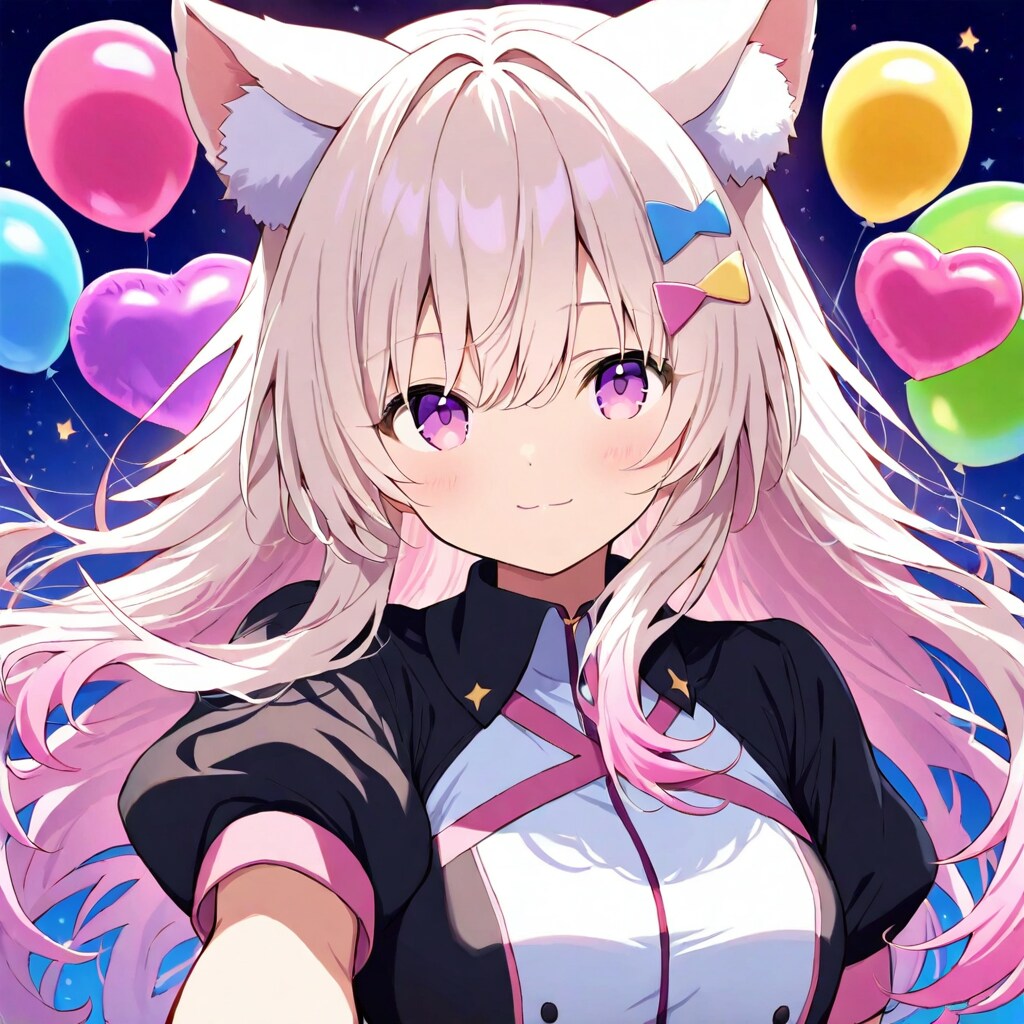 いっぱい風船を膨らませて遊ぶ白い髪ロングのケモミミ娘 | の人気AIイラスト・グラビア