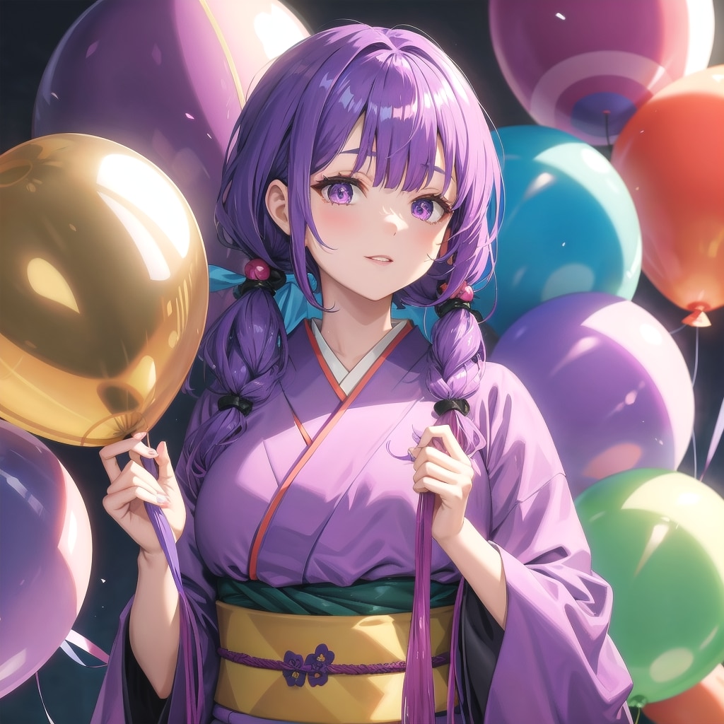 色とりどりの風船を持つ紫髪の着物着た美少女 | の人気AIイラスト・グラビア