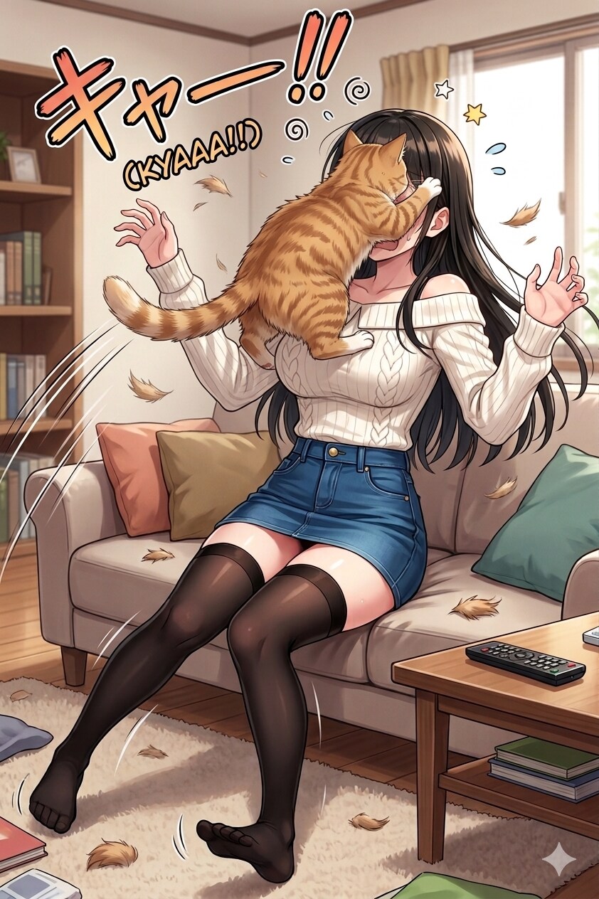サキちゃんの顔面に飛びつく猫