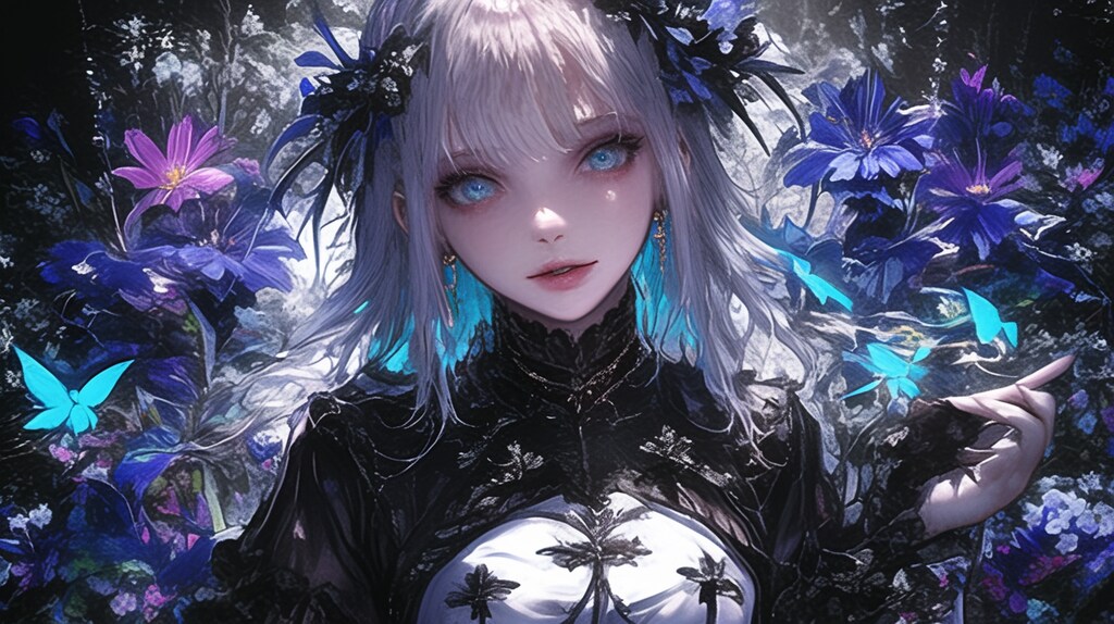 漆黒の花庭に舞う蒼き瞳――蝶と綴る、幻想の夜に咲く儚きレクイエム