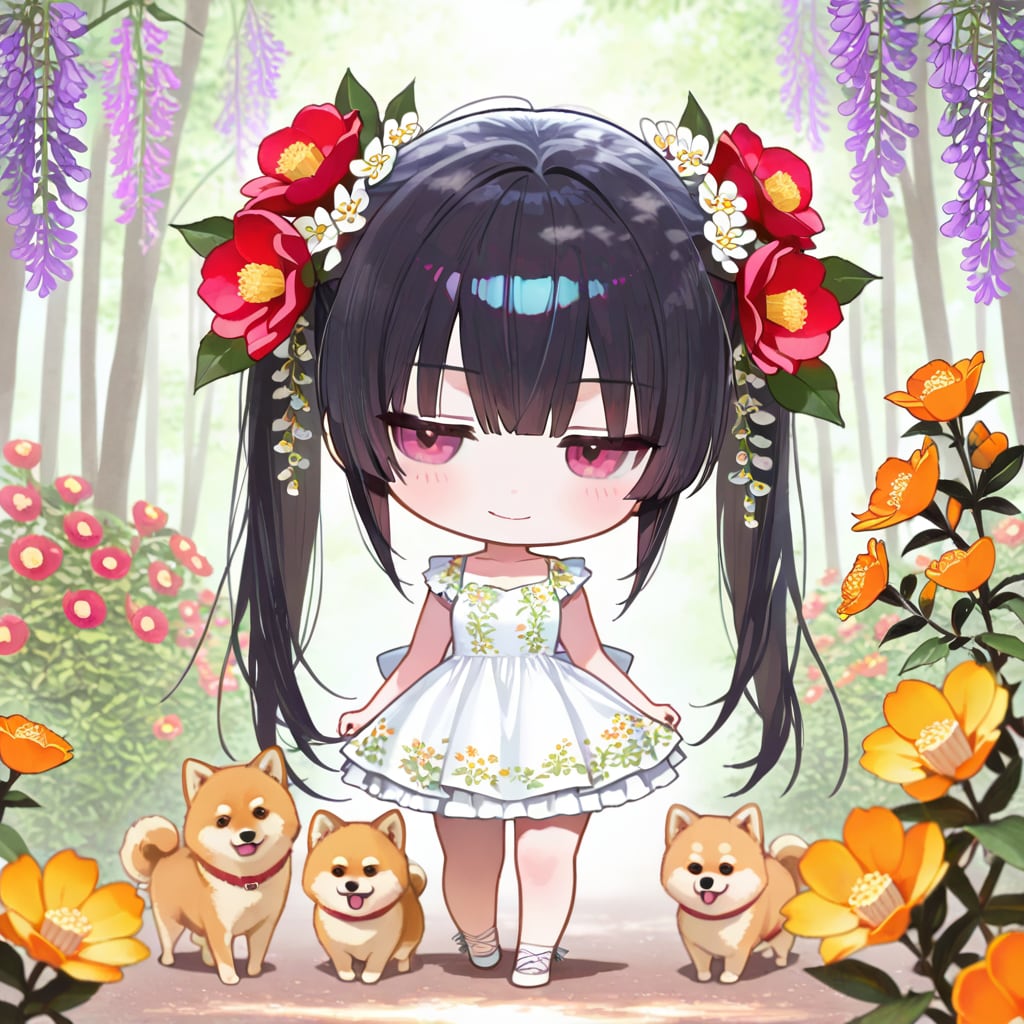 花と柴犬と黒髪ちゃん