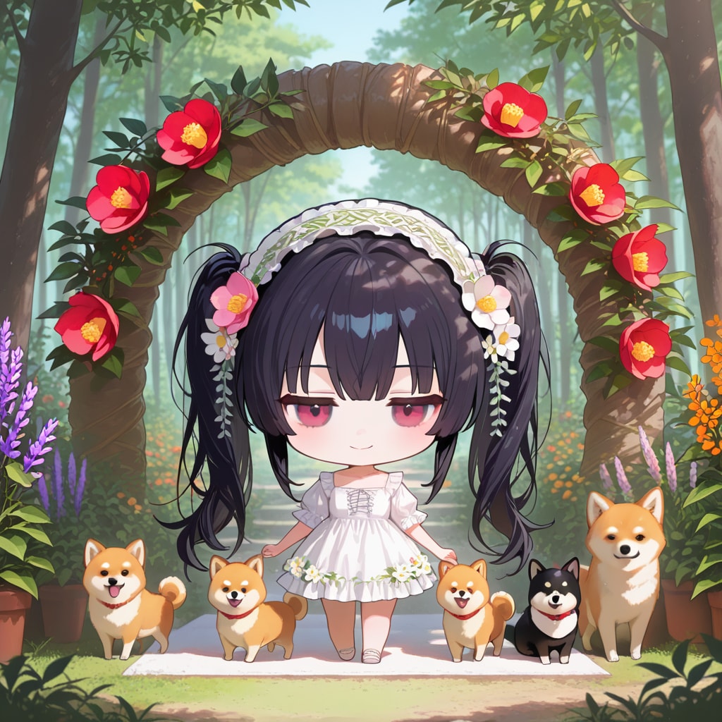 花と柴犬と黒髪ちゃん