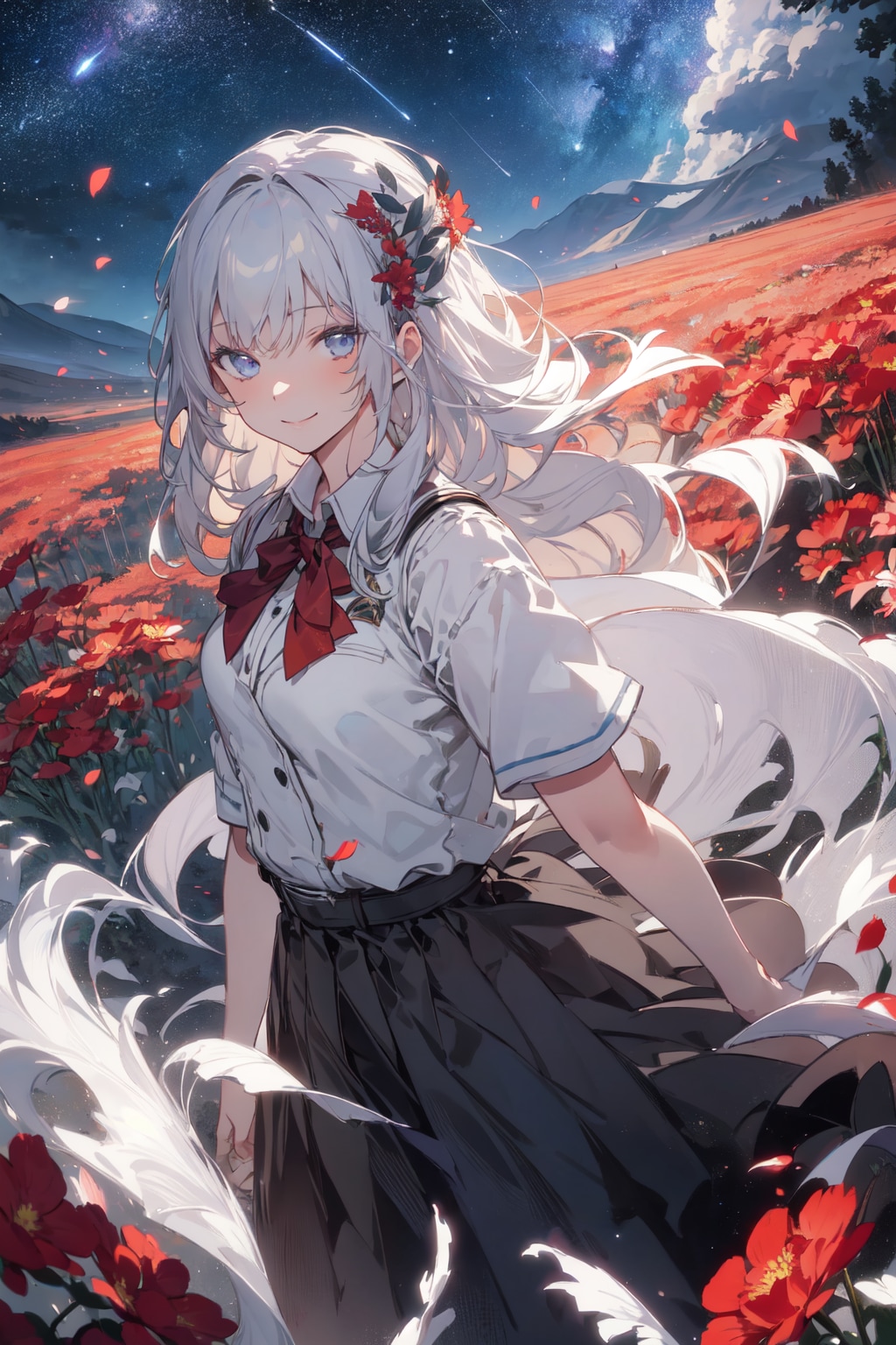 星空と赤い花と銀髪の少女