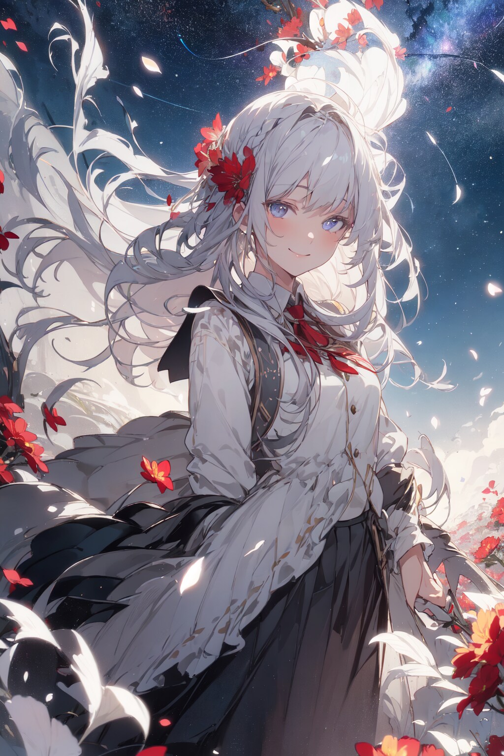 星空と赤い花と銀髪の少女