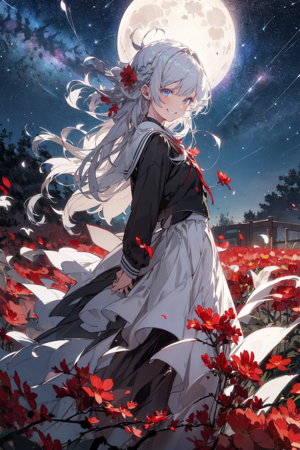 星空と赤い花と銀髪の少女