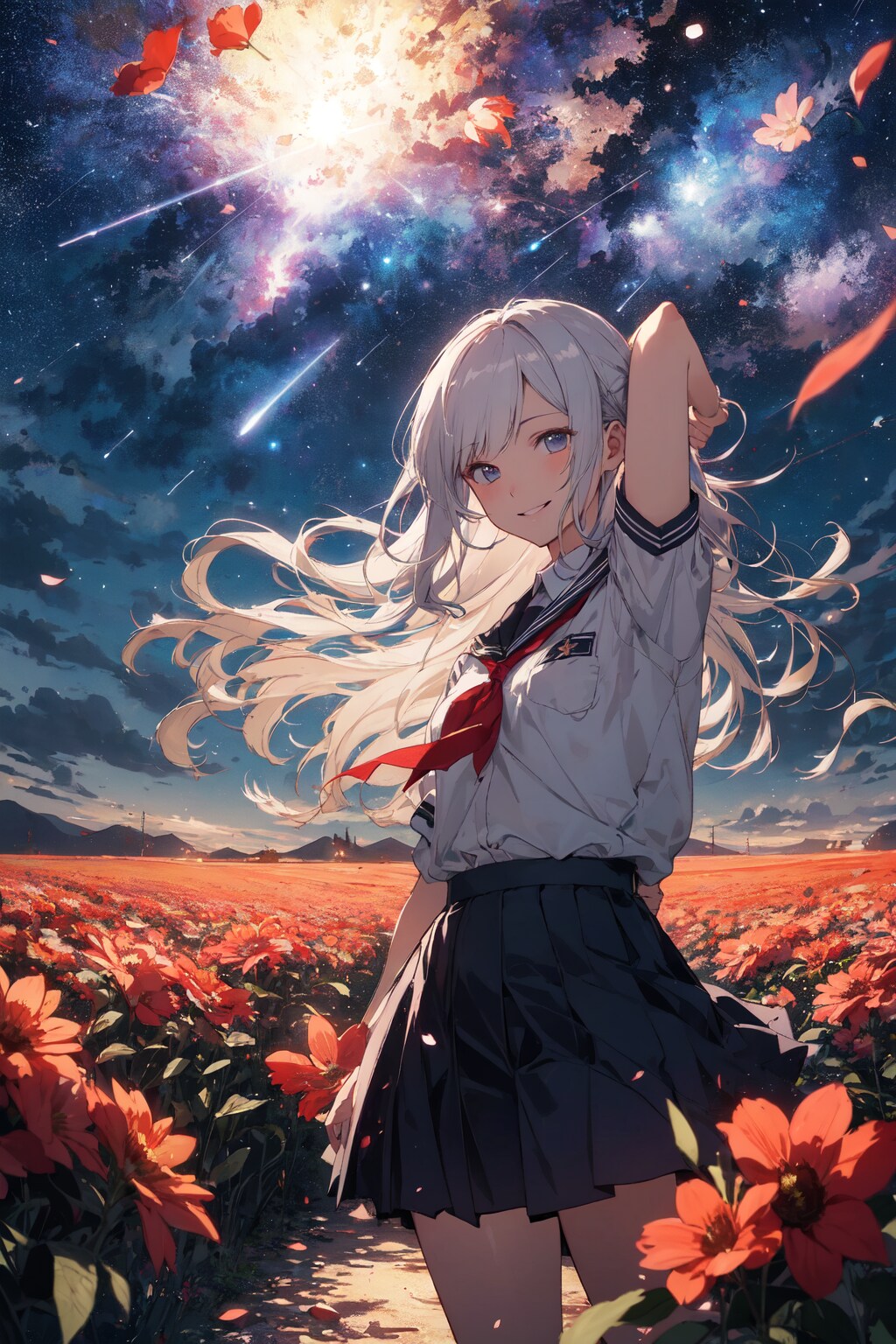 星空と赤い花と銀髪の少女