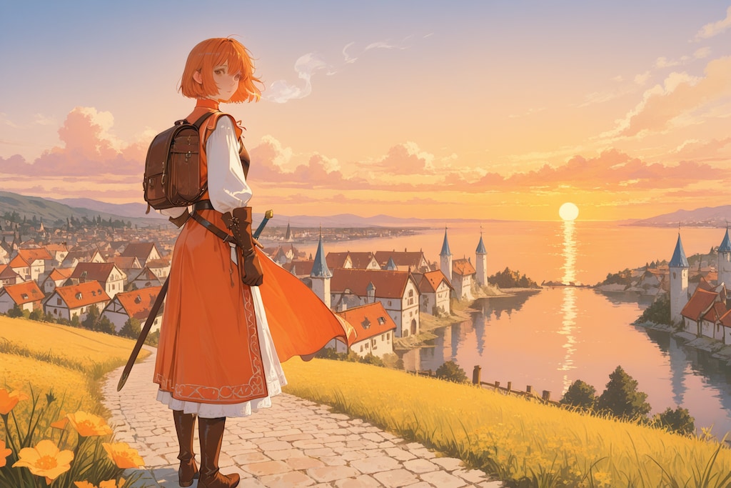 夕暮れ時の港町
