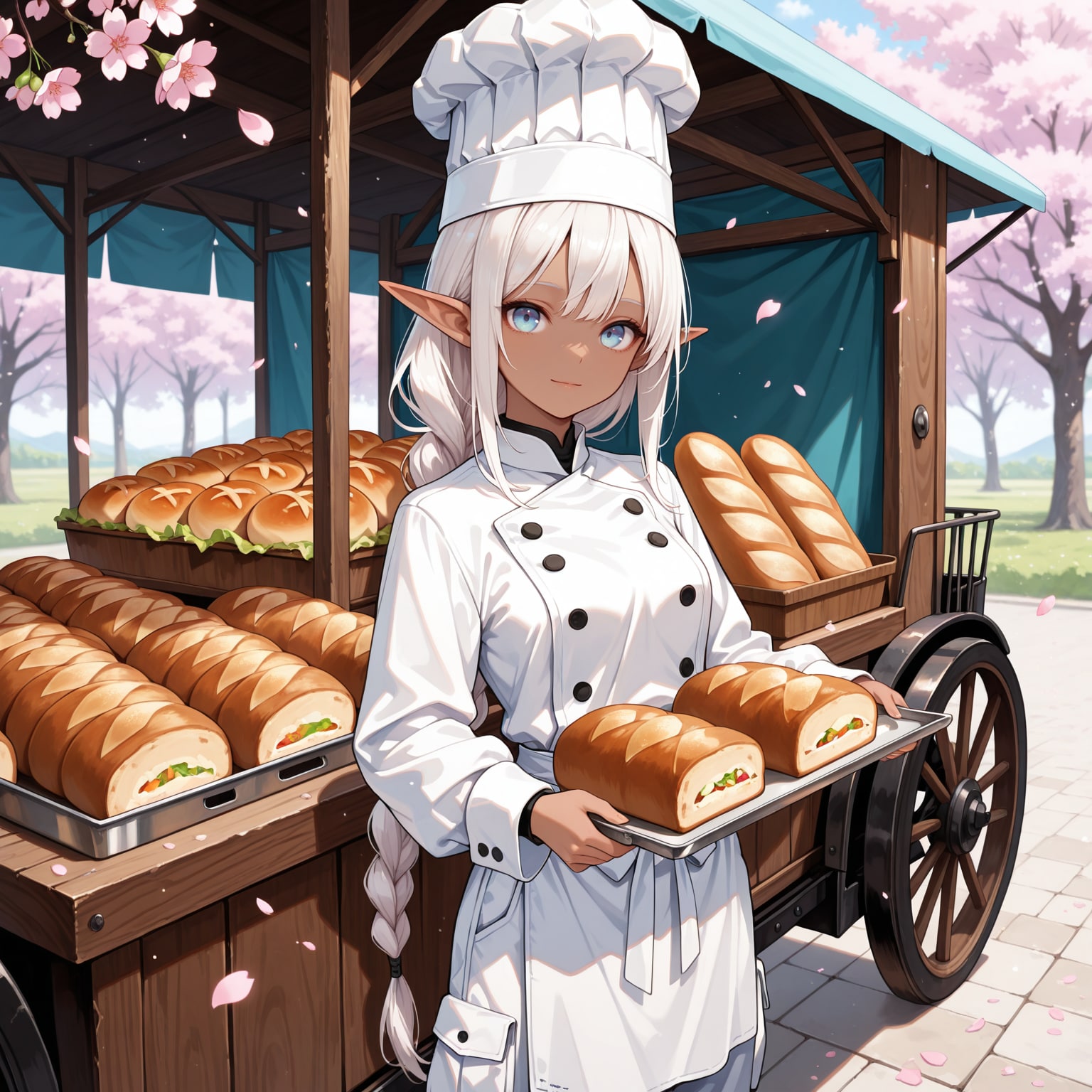 花見会場で出張屋台でパンを販売するパン屋を営むダークエルフさん | の人気AIイラスト・グラビア