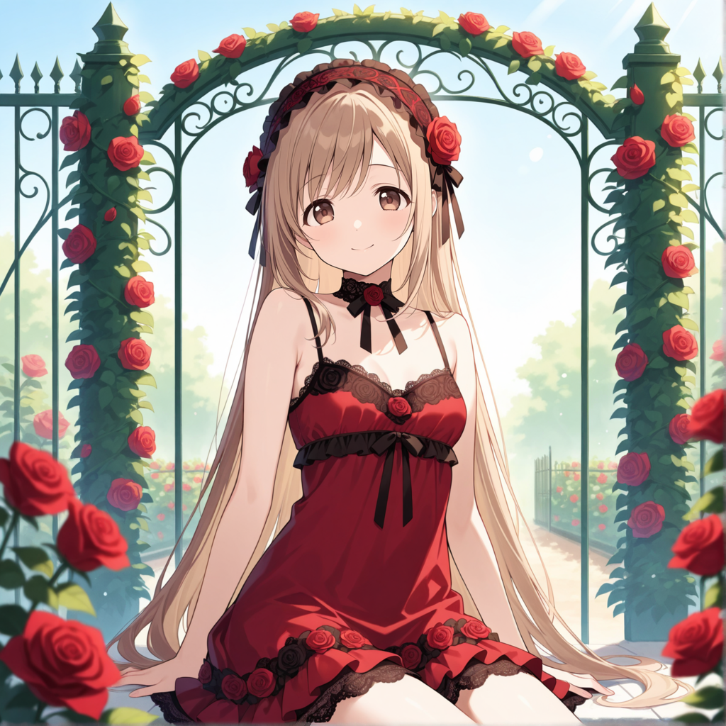 没イラスト（薔薇園と少女）