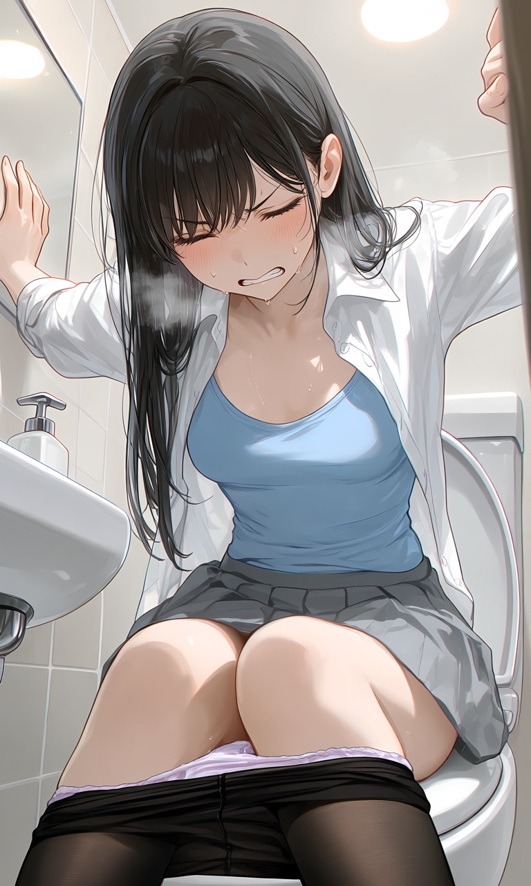 壁に手を当てて、全力でふんばる女の子