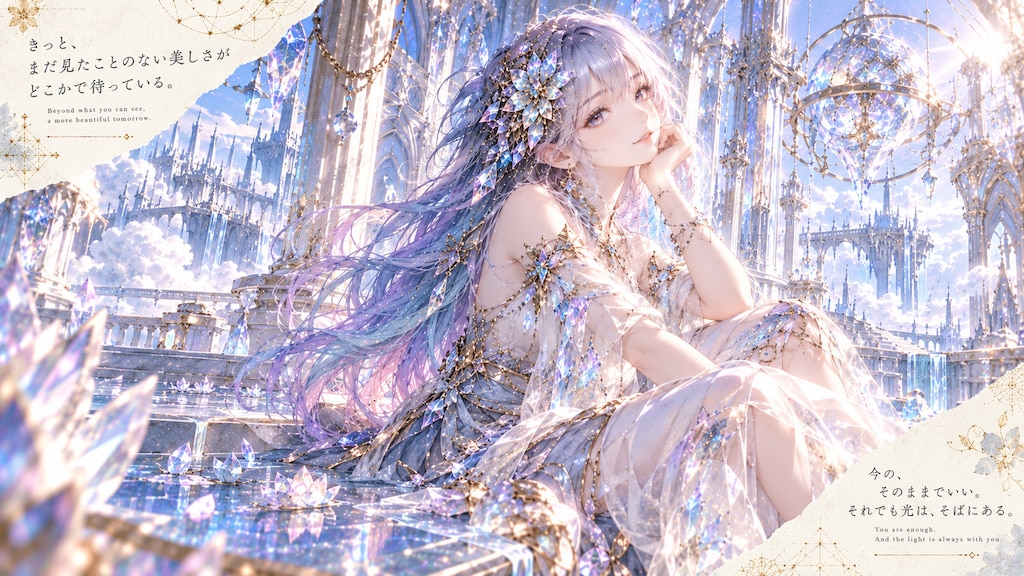Celestial Crystal Palace  Set within a breathtaking palace of shining crystals and luminous architec