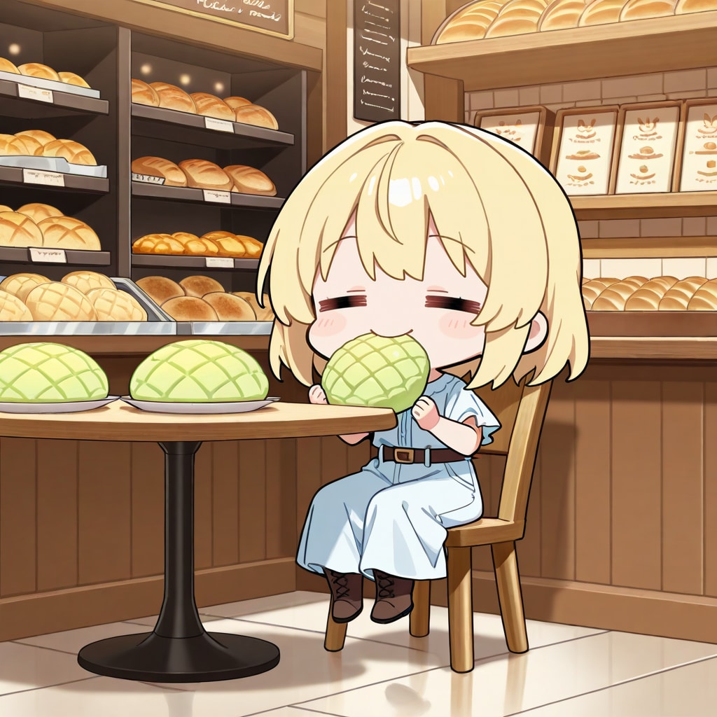 座ってメロンパンを頂くお嬢さん