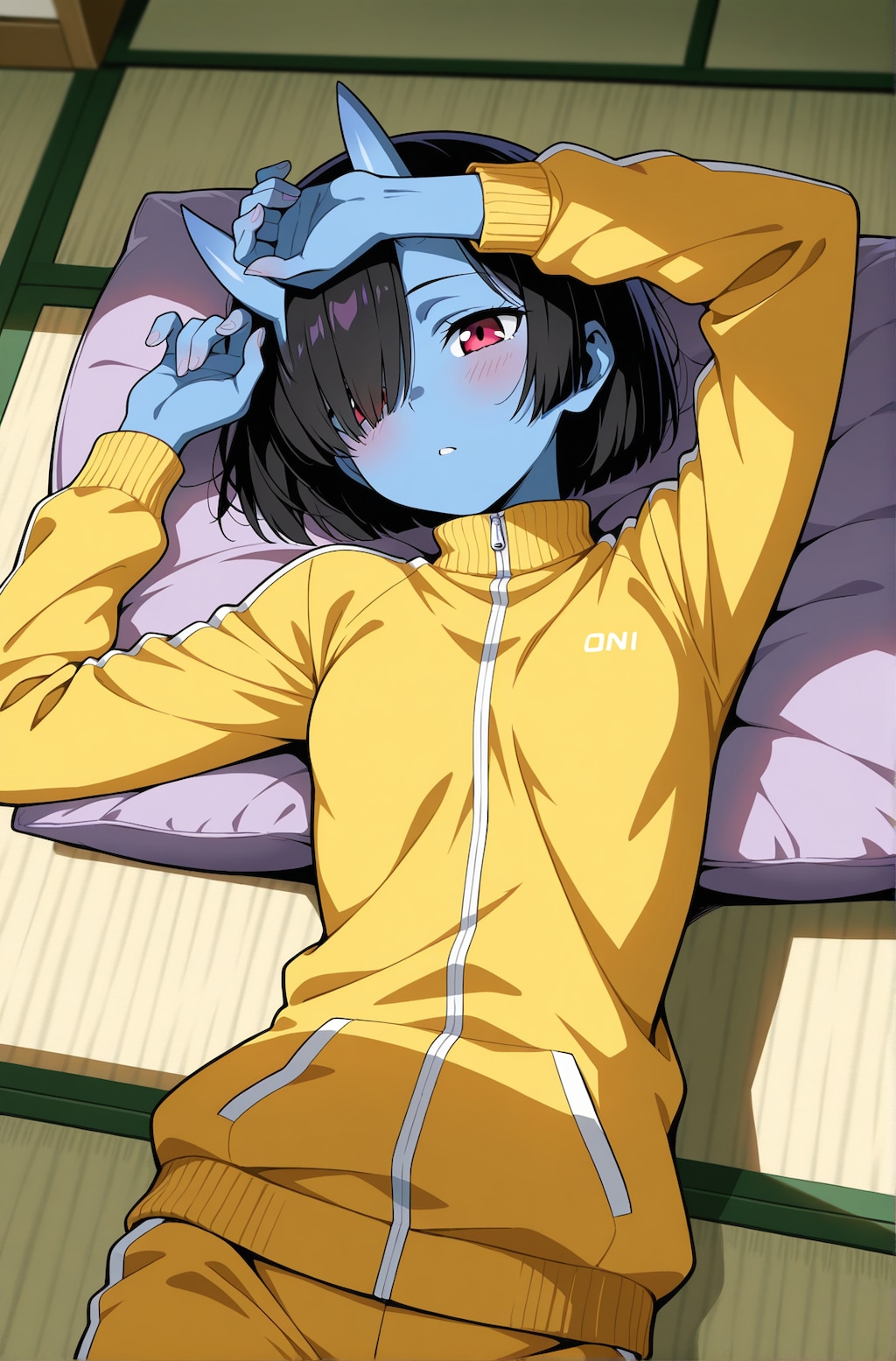 部屋でゴロゴロする青鬼娘