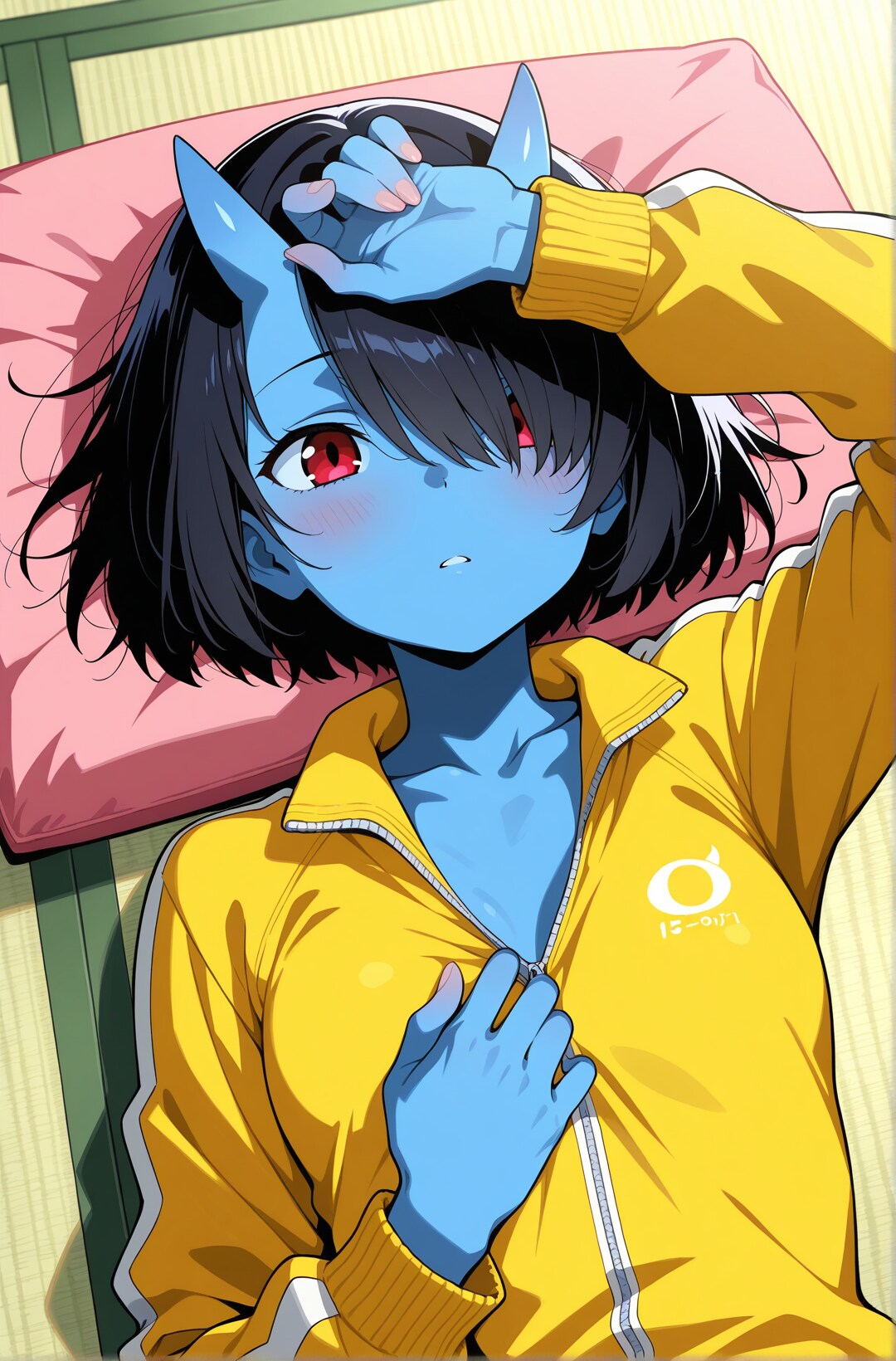 部屋でゴロゴロする青鬼娘 | の人気AIイラスト・グラビア