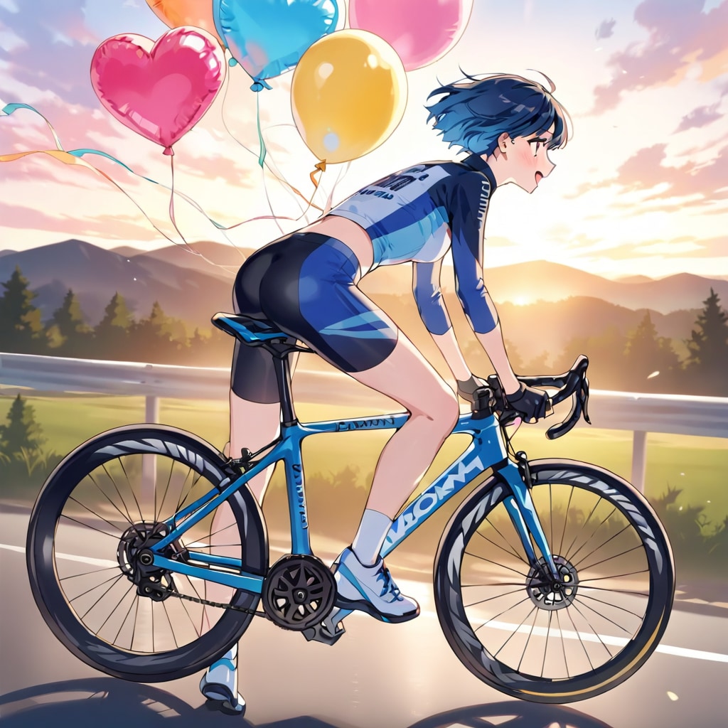 いっぱい色とりどりの風船を持つ青い髪ショートカットのロードバイク乗っている美女