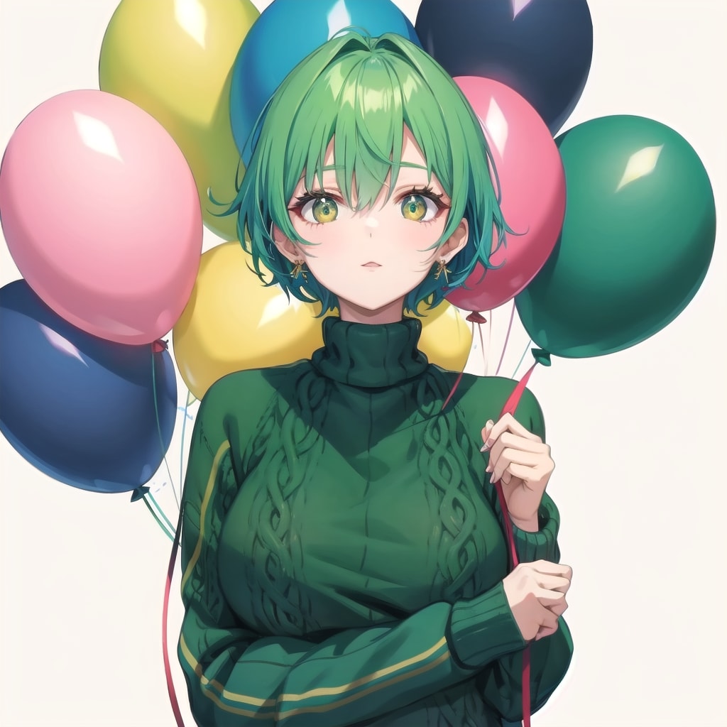 色とりどりの風船を持つ緑髪ショートカットの毛糸のセーター着た美女 | の人気AIイラスト・グラビア