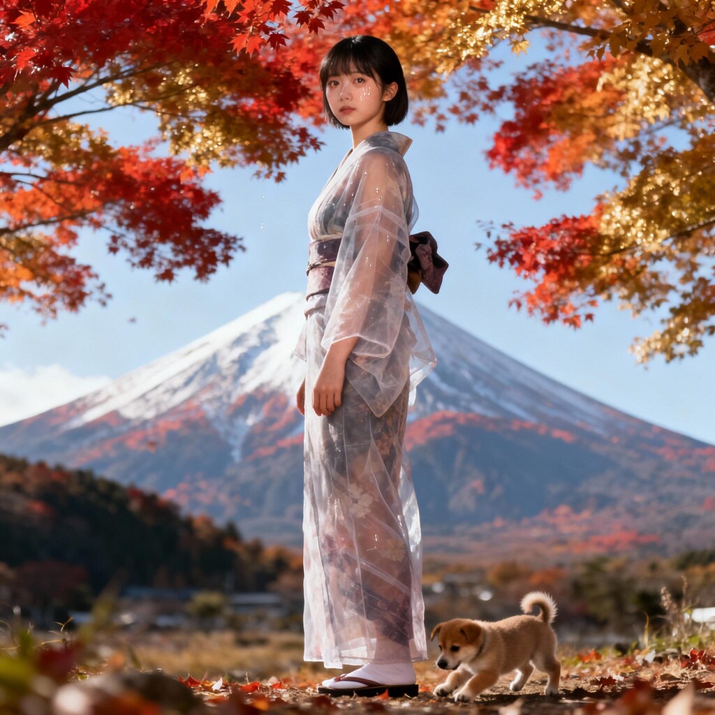 紗の着物を着た女性の足元で戯れる子犬