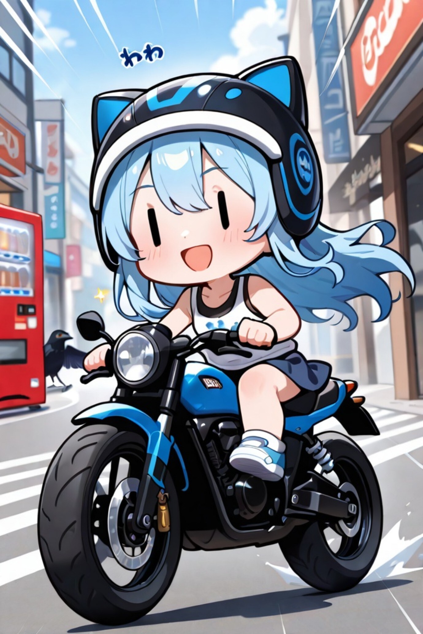 オートバイに乗る青髪ちゃん