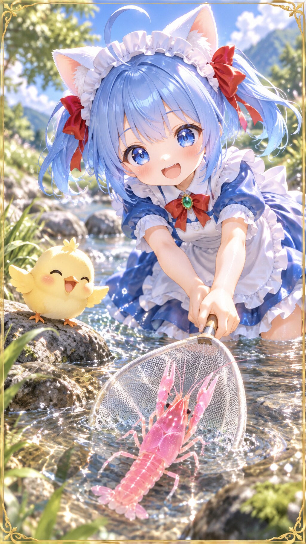 ザリガニを捕まえるにゃ〜ん