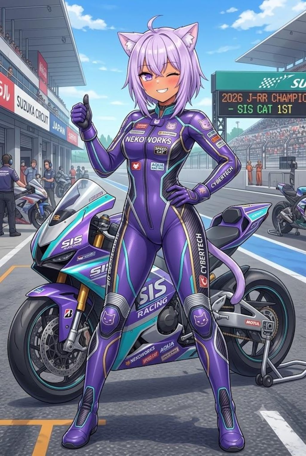 親友とツーリング中写メするライダースーツのシス