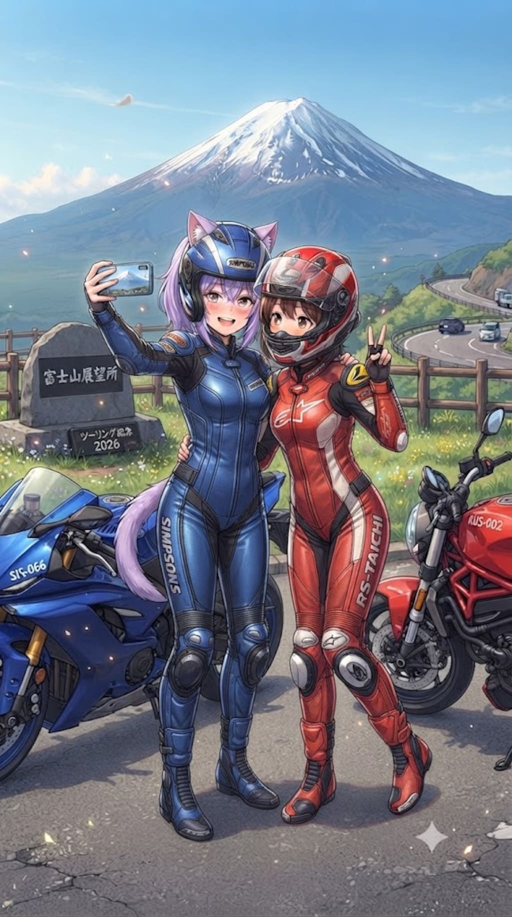 親友とツーリング中写メするライダースーツのシス