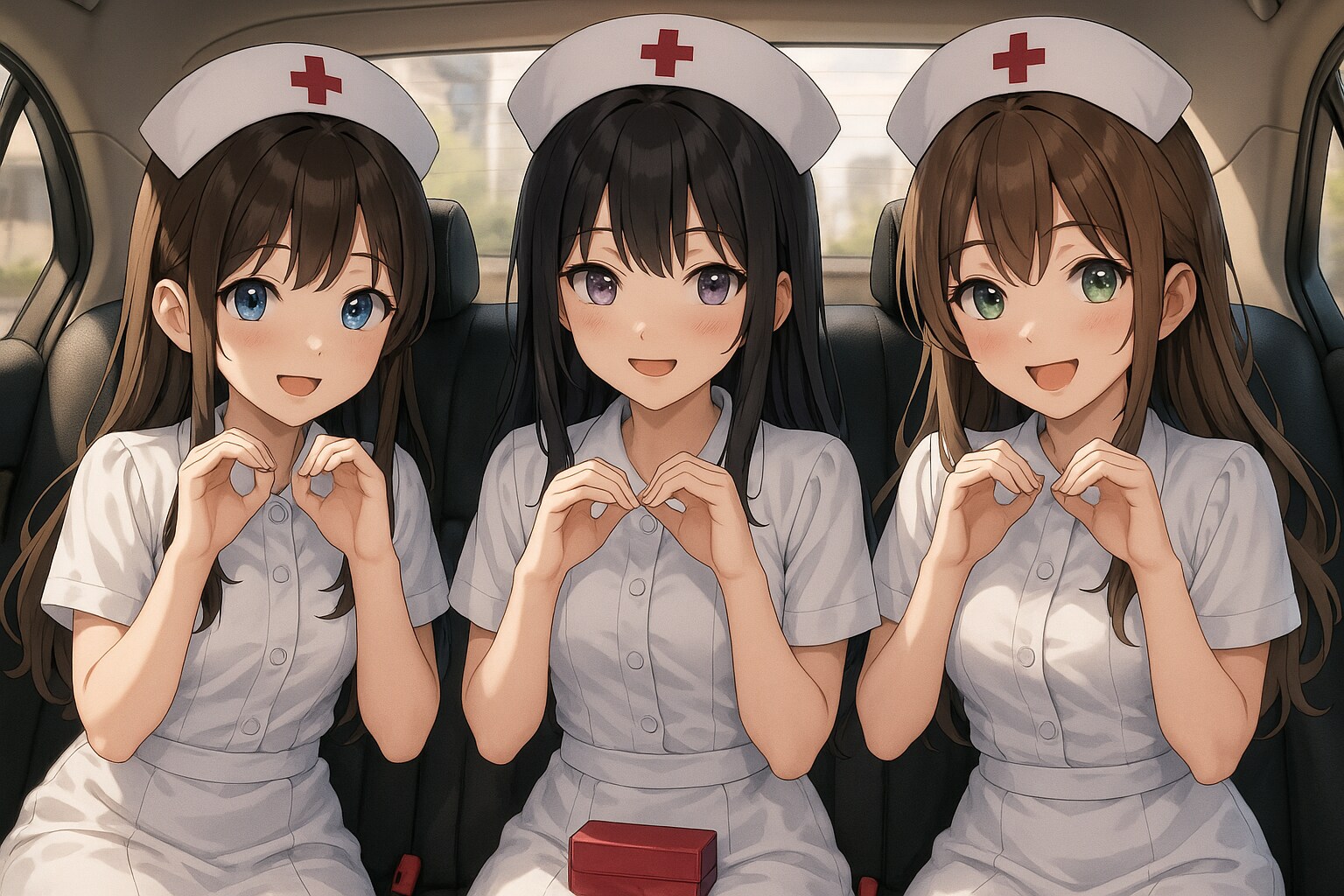 後部座席のナースたち：ひそやかな微笑み | の人気AIイラスト・グラビア