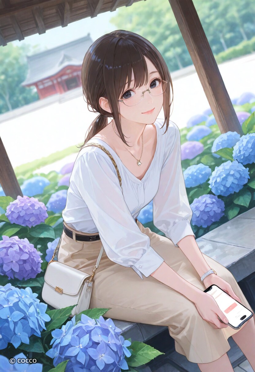 紫陽花に囲まれて休憩中