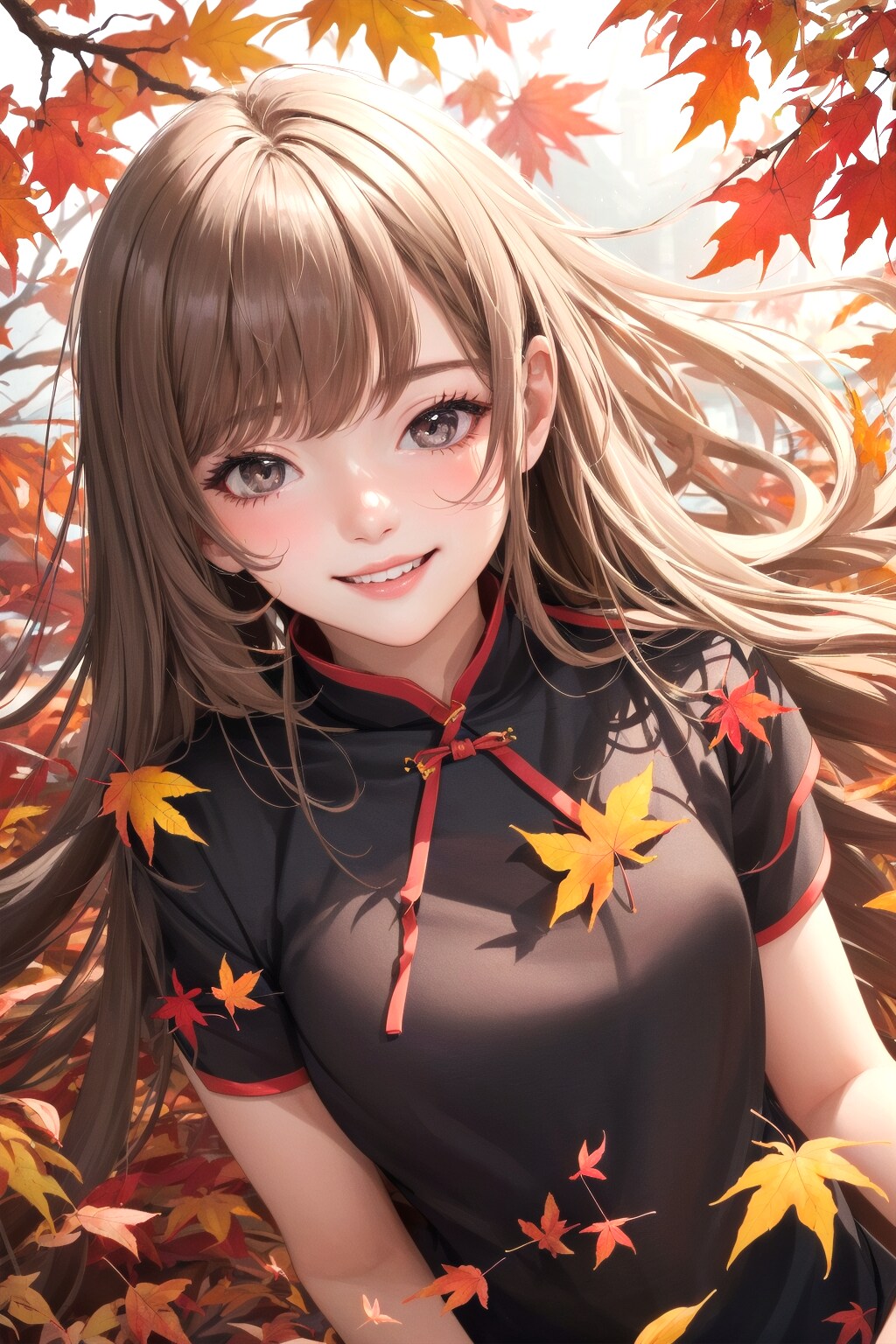 1 girl, happy, autumn, cheongsam, cheongsam hair, warm colors, extreme close-up, floating fallen lea