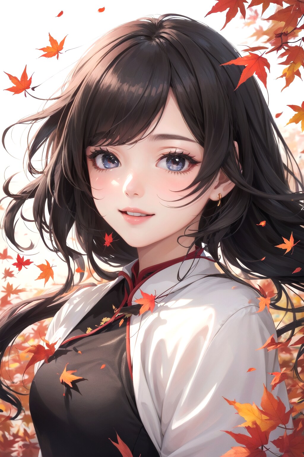 1 girl, happy, autumn, cheongsam, cheongsam hair, warm colors, extreme close-up, floating fallen lea
