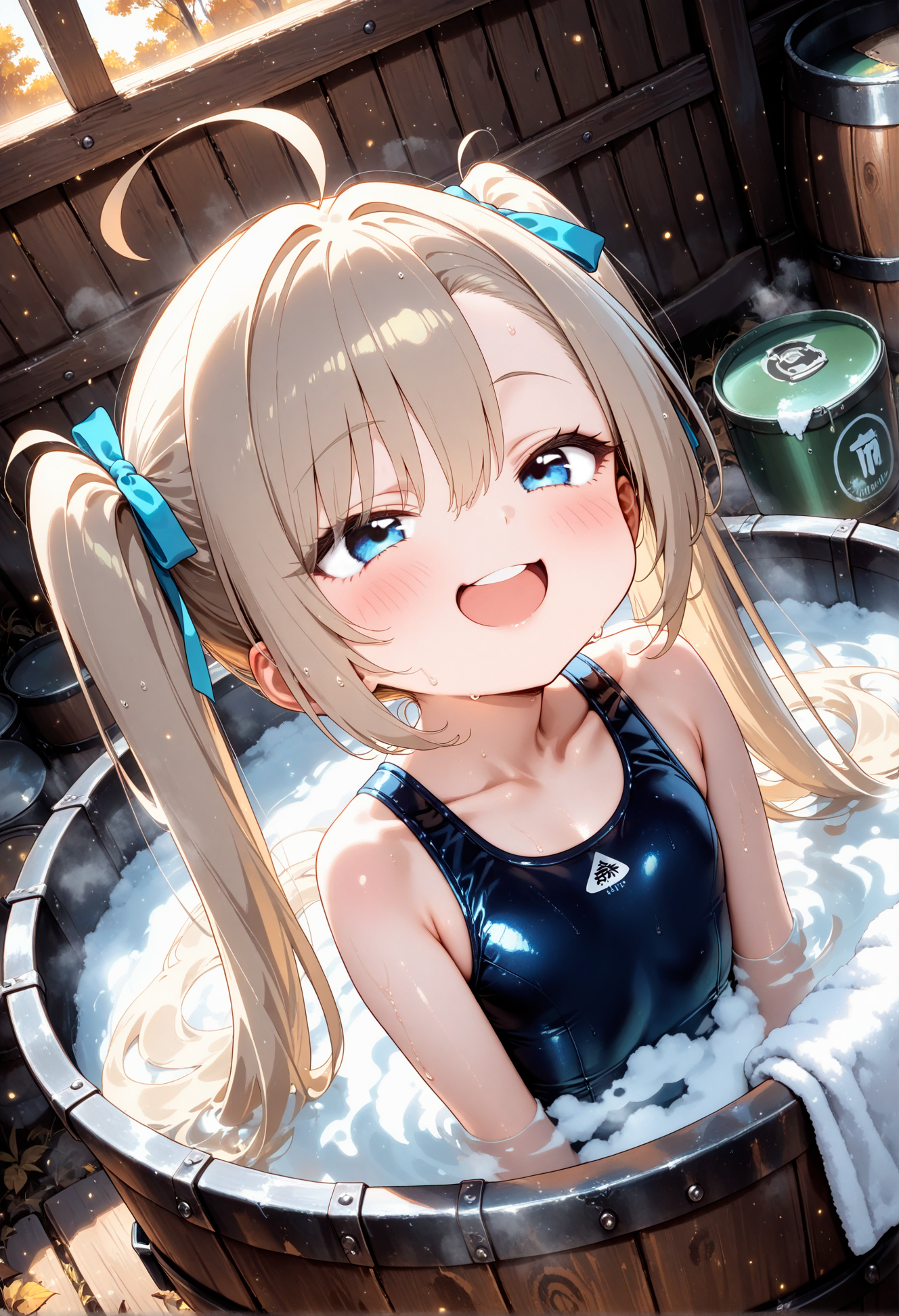ヒノキ風呂でまったり ／ Relaxing in a cypress bath