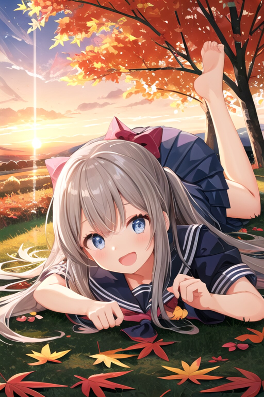 落ち葉に寝転ぶ女の子