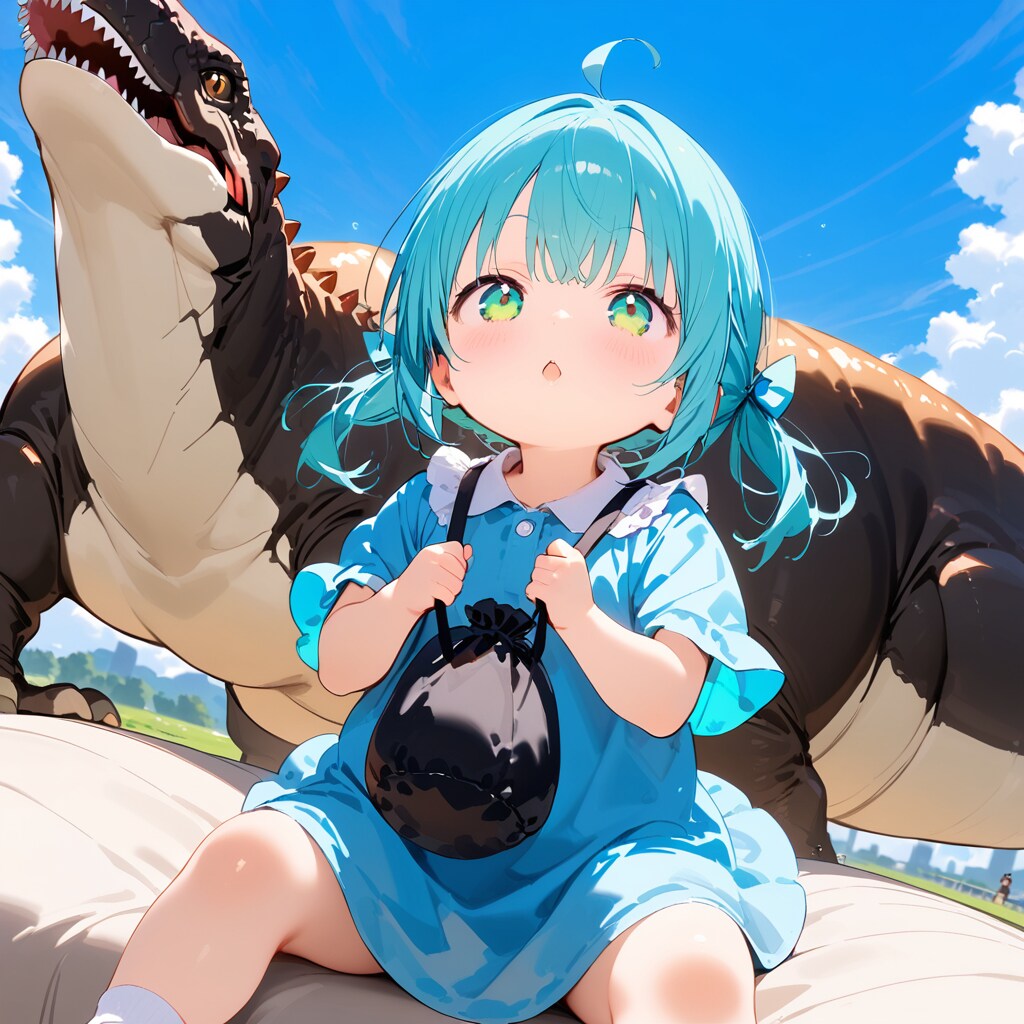 今日のちびっこ、恐竜と一緒。