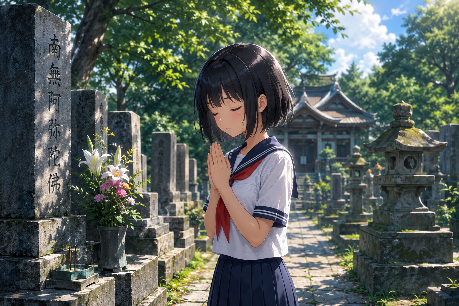 お墓参りをしている女の子 | の人気AIイラスト・グラビア