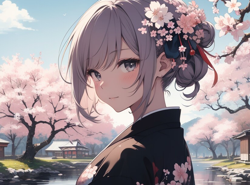 桜と白髪美人