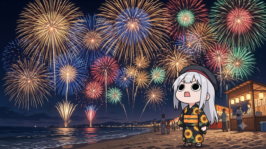 海の花火大会を楽しむえらいこっちゃ嬢
