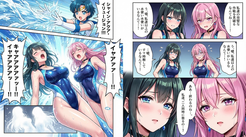 競泳水着ドロイド達を指揮する女幹部！水使い美少女姉妹登場・・でも水使いとしてマーキュリーの方が格上で即退場（消滅）💦（Gemini3Pro漫画）