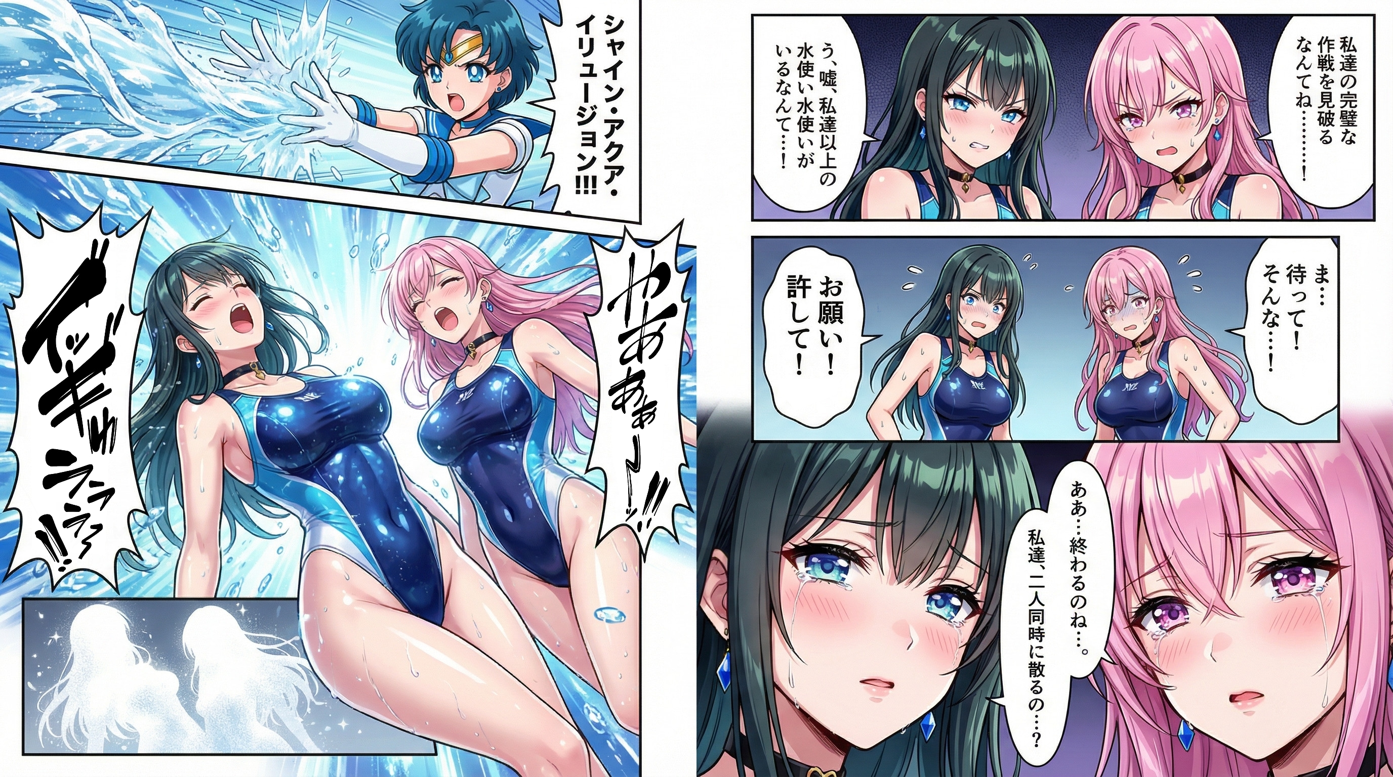 競泳水着ドロイド達を指揮する女幹部！水使い美少女姉妹登場・・でも水使いとしてマーキュリーの方が格上で即退場（消滅）💦（Gemini3Pro漫画）