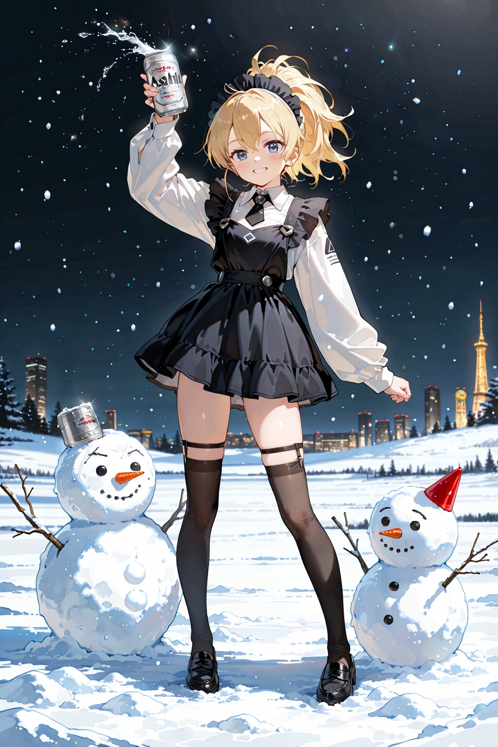 雪だるまの完成をビールで祝う。