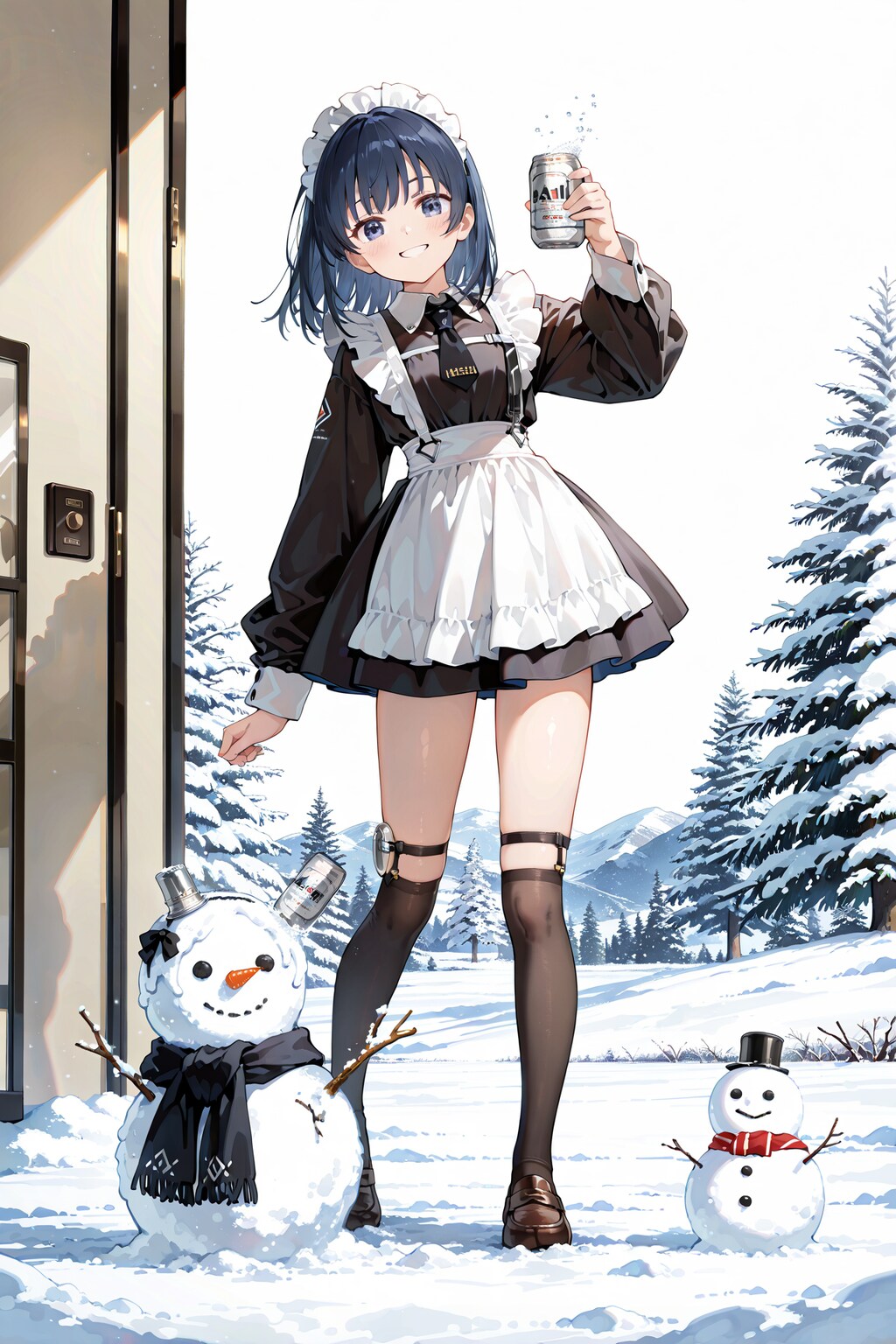 雪だるまの完成をビールで祝う。