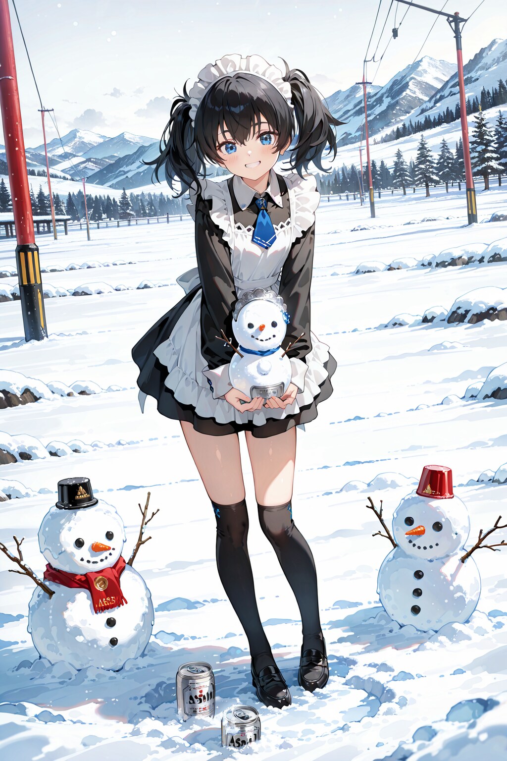 雪だるまの完成をビールで祝う。