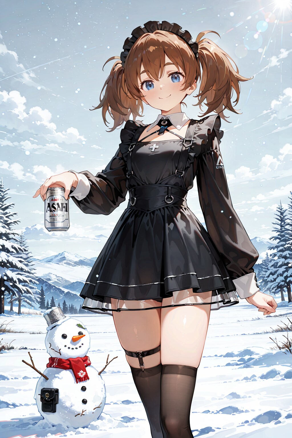 雪だるまの完成をビールで祝う。