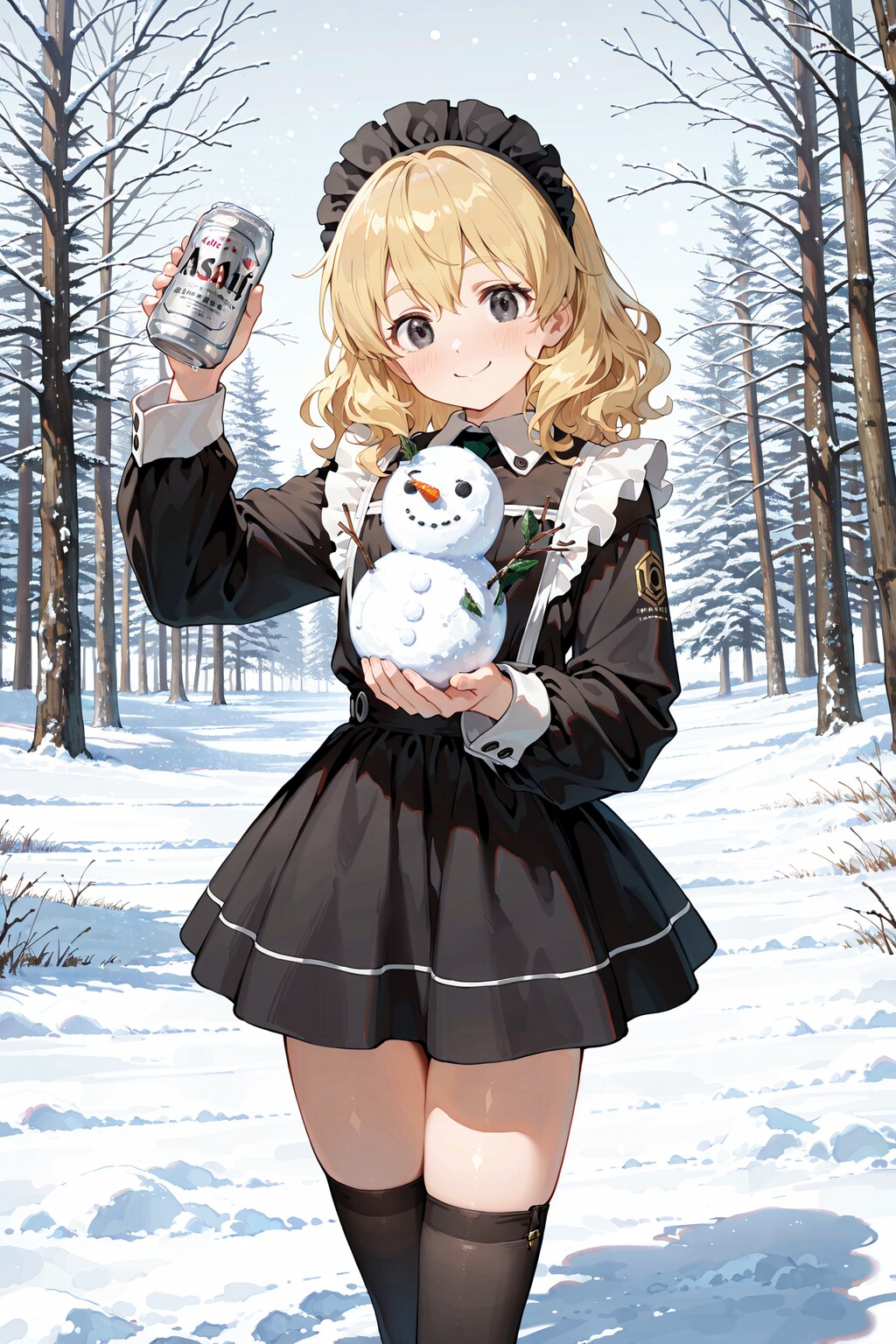 雪だるまの完成をビールで祝う。