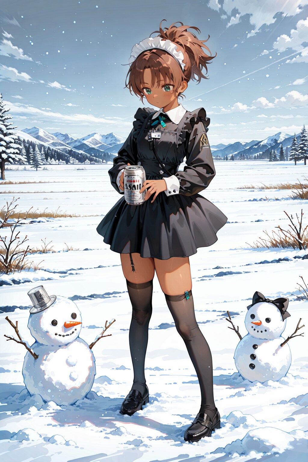 雪だるまの完成をビールで祝う。