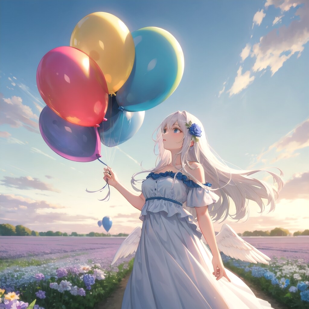 美しいお花畑で風船をいっぱい膨らませて遊ぶ白い髪ロングの天使