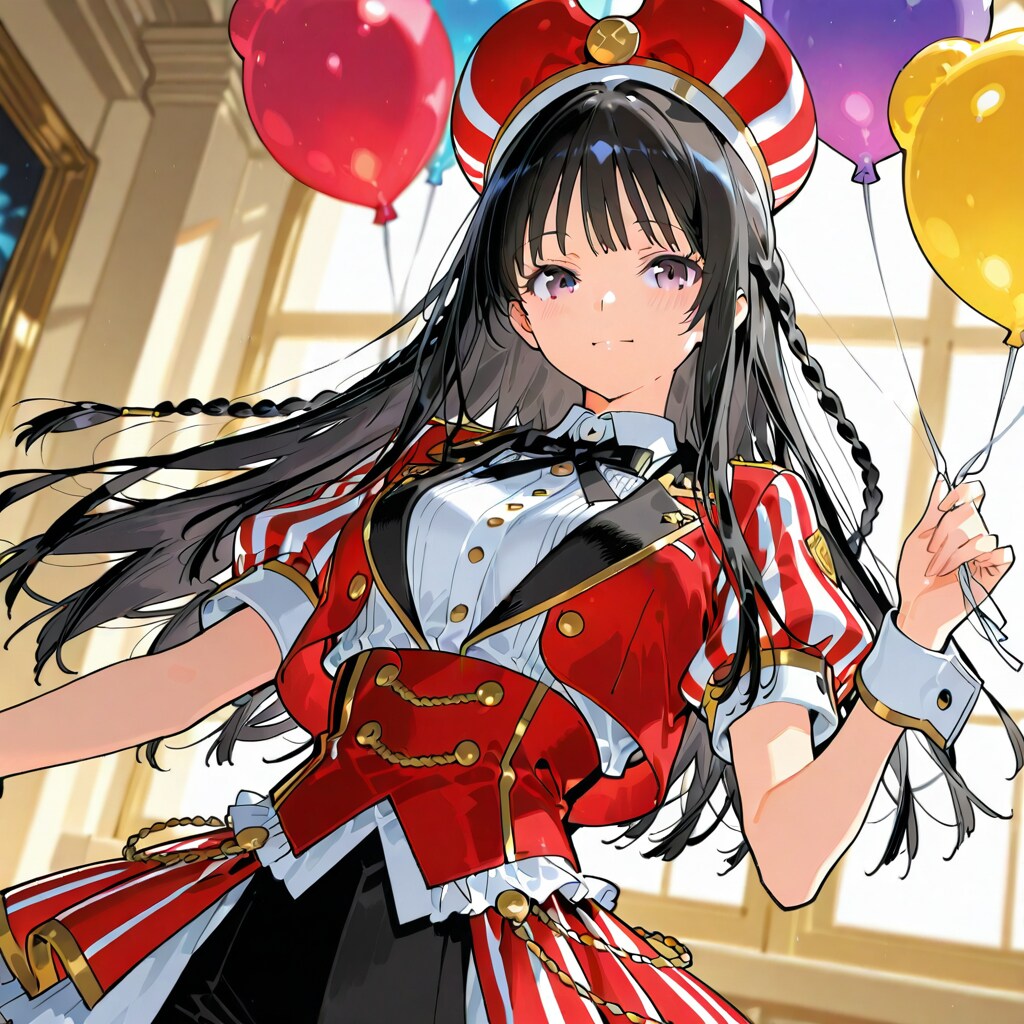 いっぱい色とりどりの風船を持つ黒髪三つ編みロングのサーカス団員の服着た美女